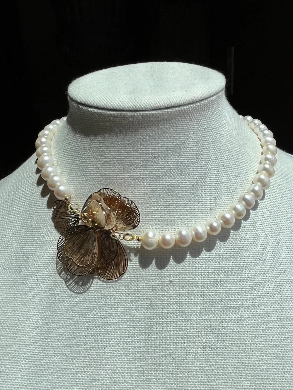 Gold Tone Floral Pendant Pearl Necklace with Ivory Pearls